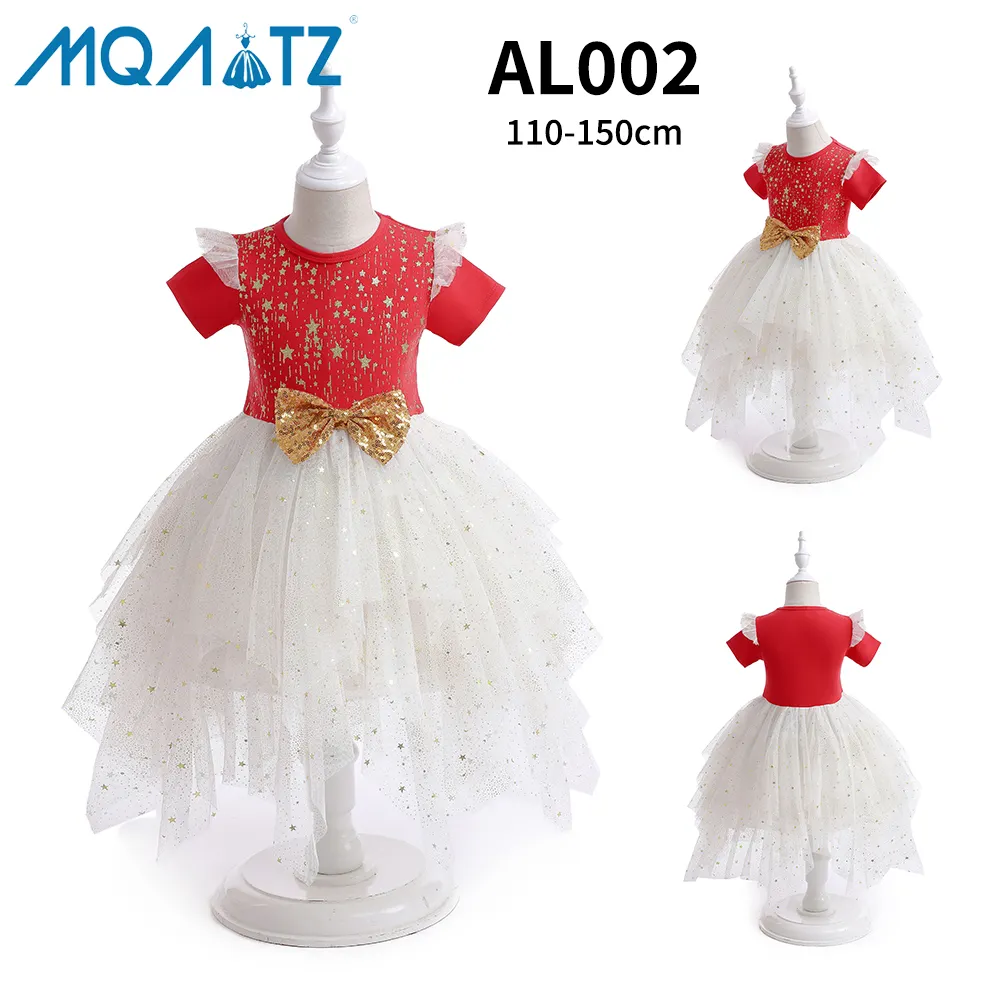 Vestido de lujo de flores para niña, vestido rojo de manga corta con lazo dorado y lentejuelas de tul informal 100% algodón