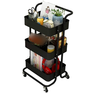 Chariot à roulettes utilitaire en métal à 3 niveaux <span class=keywords><strong>avec</strong></span> dessus de <span class=keywords><strong>table</strong></span> et sacs latéraux, roues d'organisation de stockage de plateau, artisanat d'art 4 crochets pour la cuisine - Product Image 1