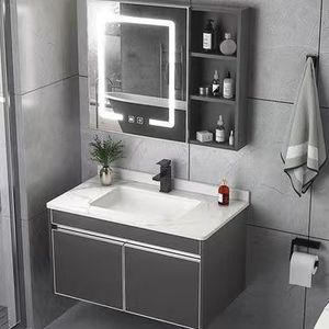 Mueble de Baño con Espejo de Maquillaje Flotante con Marco de Metal y Encimera de Pizarra de Diseño de Madera Contrachapada, con Lavabo y Cajón - Product Image 6