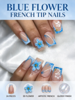 Vente en gros de faux ongles 3D à motifs floraux, bleus, à bout français, courts, carrés, avec centre doré, pour femmes, manucure