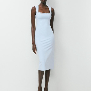 Vestido midi sin mangas de punto azul claro para mujer con ribete de encaje, cintura alta, estilo minimalista de verano, color sólido - Product Image 2