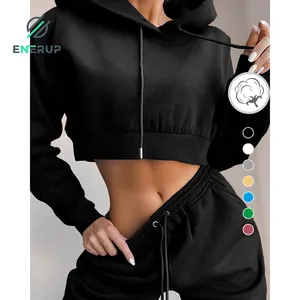 Enerup set hoodie cropped wanita, kaus hoodie polos pullover kualitas tinggi untuk perempuan