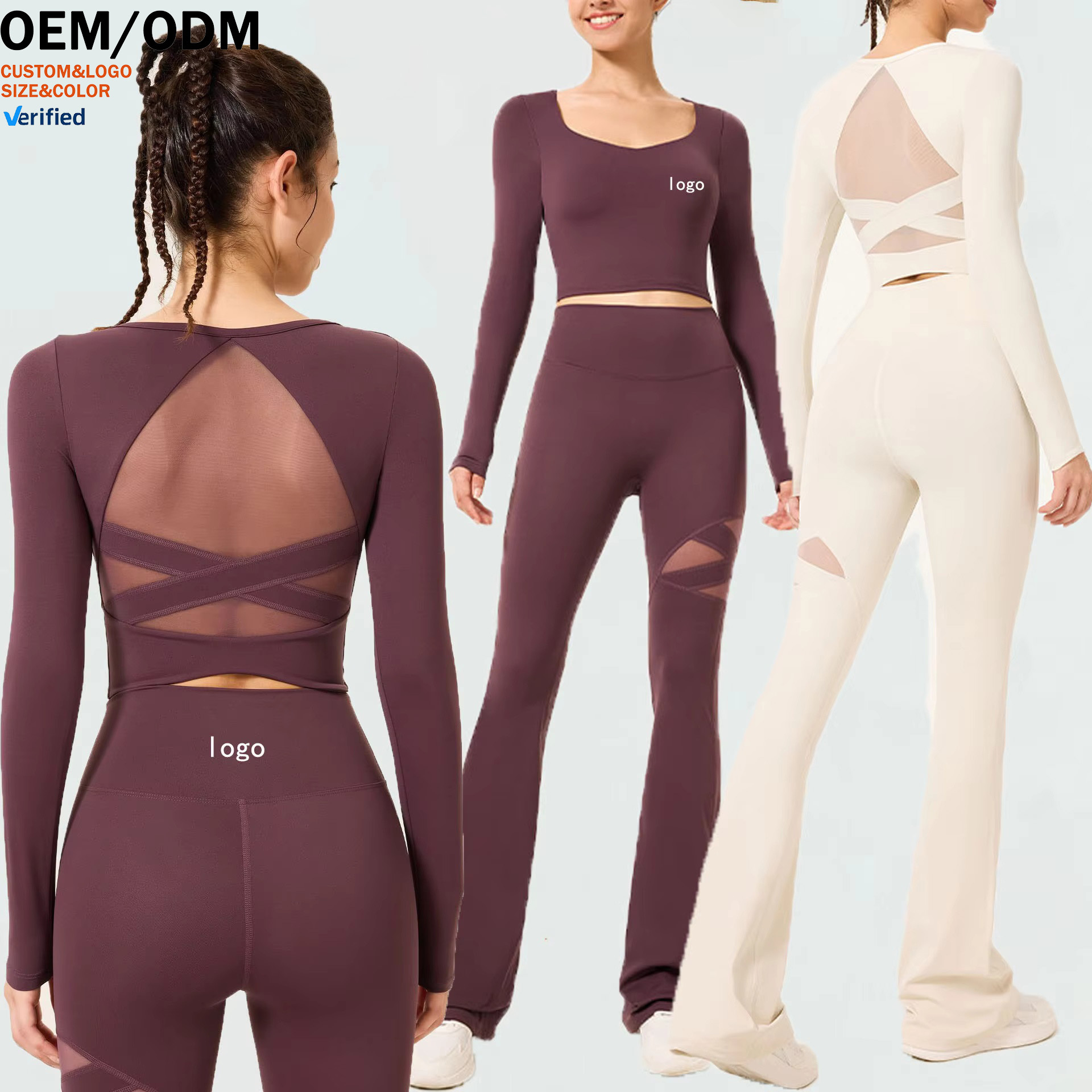 2-Piece Cut-Out Long-Sleeve Yoga Top & Flared Pants, Breathable Slim Fit with Chest Pads, Running Fitness Apparel Gym Clothes