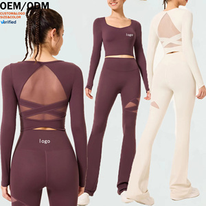 Conjunto de 2 Piezas: Top de Yoga de Manga Larga con Recortes y Pantalones Acampanados, Transpirable, Ajuste Delgado con Almohadillas en el Pecho, <span class=keywords><strong>Ropa</strong></span> Deportiva <span class=keywords><strong>para</strong></span> Correr y Gimnasio - Product Image 1