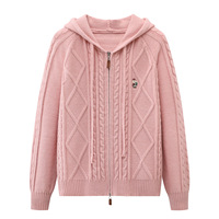 Cardigan en acrylique tricoté à capuche et fermeture éclair pour femme, avec broderie ours, coupe ample, épais, pour l'automne