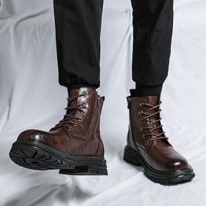 Genuine Leather Men's Mid-<b>Top</b> Boots Spring & Summer All-Match Business Work Boots Retro Trend High-<b>Top</b> Casual Leather Shoes - Product Image 3