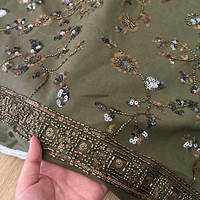 Tissu de luxe en lin et coton brodé de perles et de paillettes bicolores marron moutarde, résistant, pour robes, gowns et jupes