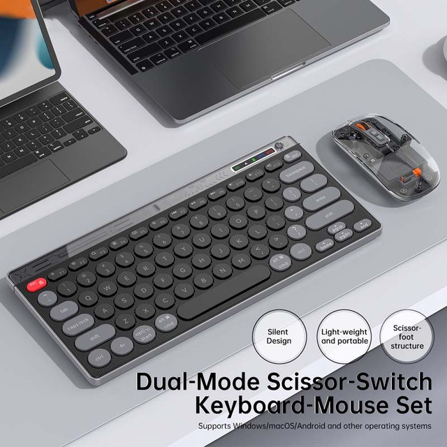 with Bluetooth Keyboard Mouse Retro Punk Round Keycap Transparent Mouse Portable Type C Charging Wireless Keyboard Mouse Set