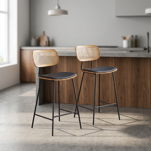 Sillas de Barra Modernas Ajustables para Uso Comercial, con Respaldo de Ratán y Material PU, para Sala de Estar, Cafetería, Cocina, Isla, Acero Inoxidable - Product Image 1