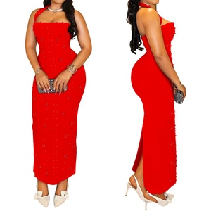 Robes ajustées à col halter pour femmes, ornées de strass et de perles, tendance - Product Image 1