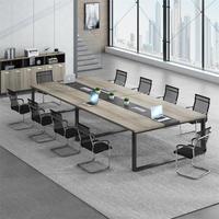 Table de conférence industrielle moderne, bureau de réunion en bois, structure métallique, poste de travail pour salle de réunion, mobilier de bureau