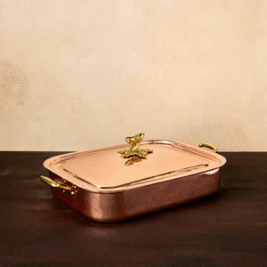 Heavy Duty Copper Rectangular Roasting <b>Pan</b> Deep Oven Safe Bakeware Acorn Leaf Brass Knob Lid Double Handle Cooking <b>Pot</b> - Product Image 1