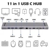 Station d'accueil 11-en-1 en alliage d'aluminium Type-C avec adaptateur multiport 2.0 VGA Gigabit Ethernet, lecteur de cartes audio TF/SD – En stock