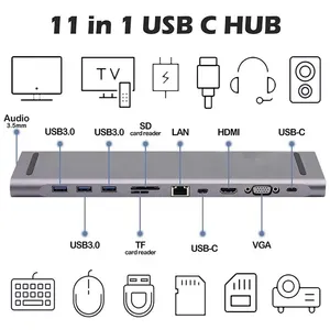 Station d'accueil USB C 11 en 1, <span class=keywords><strong>adaptateur</strong></span> multiport <span class=keywords><strong>HDMI</strong></span> <span class=keywords><strong>VGA</strong></span> Gigabit Ethernet avec lecteur de carte audio TF SD - Product Image 3
