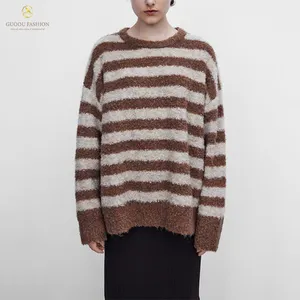 Guoou nouveau pull tricoté en vrac à col rond rayé fil à boucle pull tricoté en laine épaisse