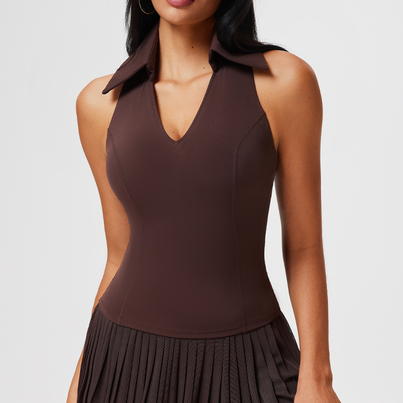 Women's Quick-Dry V-Neck Turn-Down Collar Yoga Top Sleeveless Cross-Border Sports Vest Fitness Tennis Cup Pads Tight-Fitting