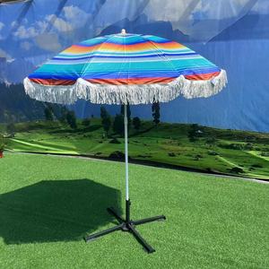Parasol de plage extérieur 2M à franges, en polyester, ouverture manuelle, anti-UV, pour terrasse, base en acier, impression couleur intégrale, style côtier - Product Image 1