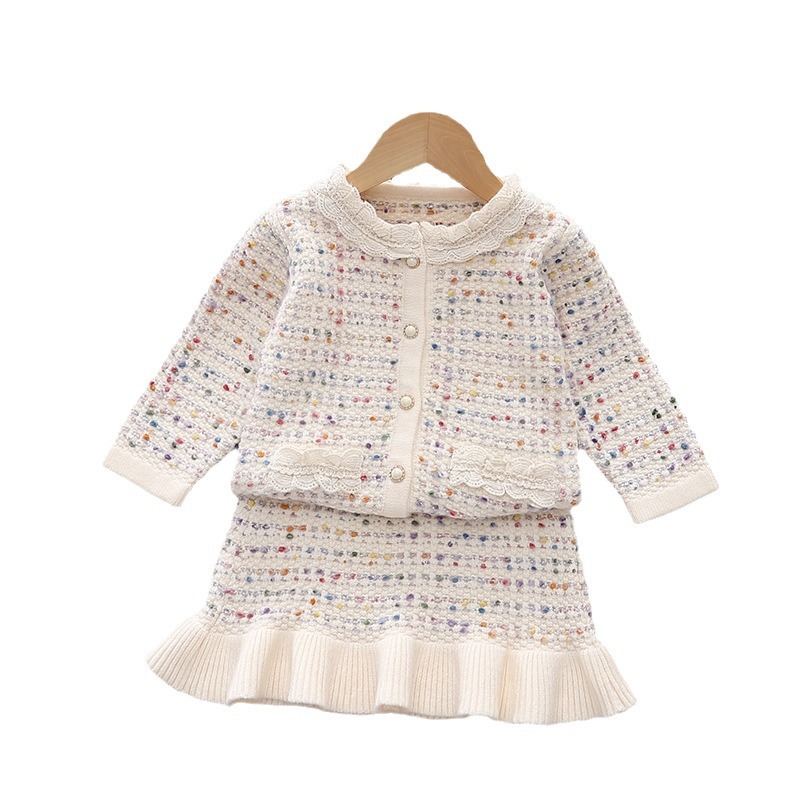Girls' Sweater Set Spring New Fish Tail Skirt Two-Piece Suit Lace Knit Skirt Sweet Cardigan Long Sleeved Coat Children Dress Set