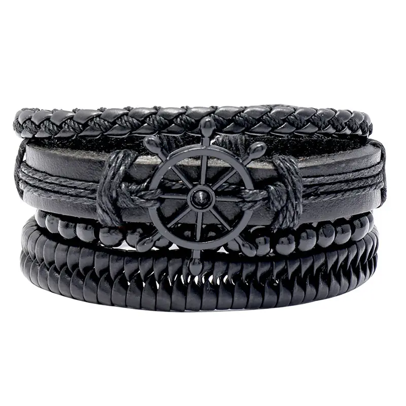 TZB011 Fashion 4pcs Braided Full Black Rudder Hand Bracelet for Men Women Leather Jewelry