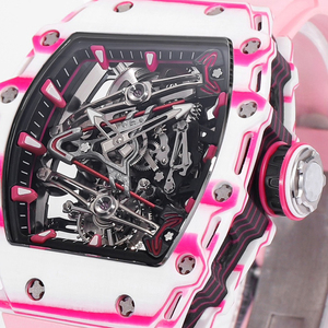 Montre mécanique squelette de style RM haut de gamme pour homme, boîtier dégradé blanc-rose, mouvement visible, bracelet rose, montre-bracelet de luxe sport - Product Image 2
