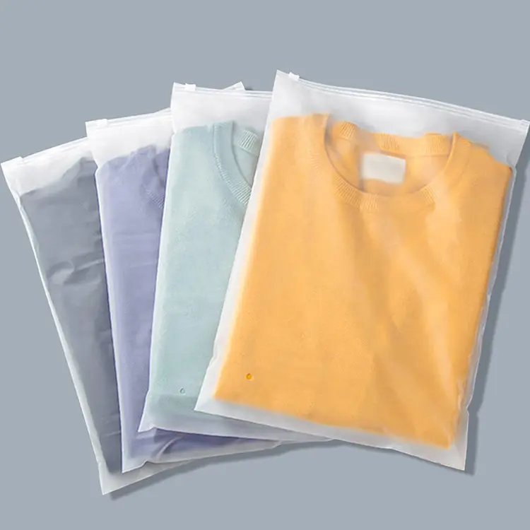 Camiseta de plástico esmerilado con cierre de cremallera para mujer, bolsa de embalaje de ropa de baño con logotipo impreso ecológico y reciclable