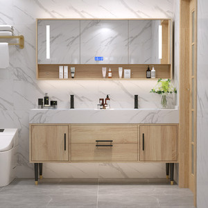 Solid Wood Farmhouse Bathroom <b>Vanity</b> Ceramic Basin LED Integrated Modern <b>Light</b> Luxury Smart Mirror Wall-Mounted Hotel Cabinet - Product Image 3