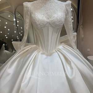 Dw0238 Regal High Neck Lace Illusion Long Sleeve Boned Corset Plain Ivory Satin Ball Gown <b>Wedding</b> Dress Jancember - Product Image 2