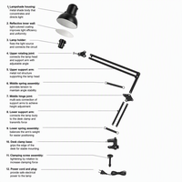 Lampe de bureau LED Joystar moderne blanche à piles, bras long réglable en fer noir, lampe de lecture à clipser pour chambre et bureau