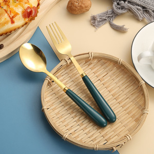 Dark Green And Gold Spoons And Forks Stainless Steel Household <b>Dessert</b> Flatware Party Use - Product Image 2