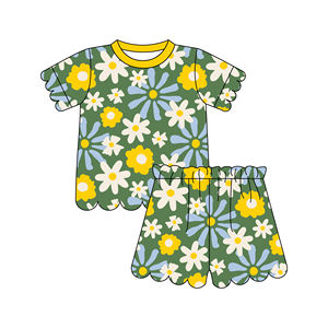 ชุดนอนเด็กผู้หญิงผ้าสแปนเด็กซ์ผสมใยไผ่แบบสั่งทำพิเศษ ชุดสองชิ้น แขนสั้น ขอบระบาย จั๊มพ์เอว กางเกงขาสั้น - Product Image 1