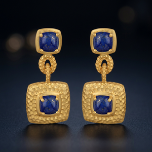 Boucles d'oreilles tendance en laiton faites à la main avec pierres précieuses, style Huggie, en pierre de Lapis, plaqué or 24 carats, pour femme - Product Image 3