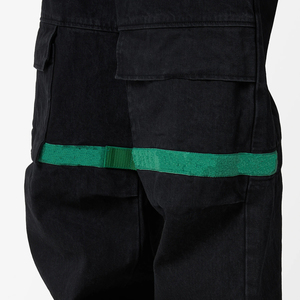 14 oz Denim Cargo Pocket Baggy <strong>Jeans</strong> with <strong>Drawstring</strong> Waist Green Piping Contrast Color Wide Leg Denim Pants Out Wear Utility <strong>Men</strong> - Product Image 4