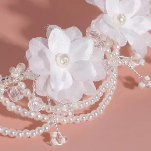 Chiffon Flower Wedding Tiara Multi-layered Pearls Surround Tiara Crown For Girls Bridal Tiaras