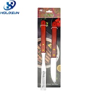 Ensemble de 2 couteaux à steak et fourchettes à viande en acier inoxydable avec logo personnalisé, manche en bois, pour barbecue et grillades en extérieur