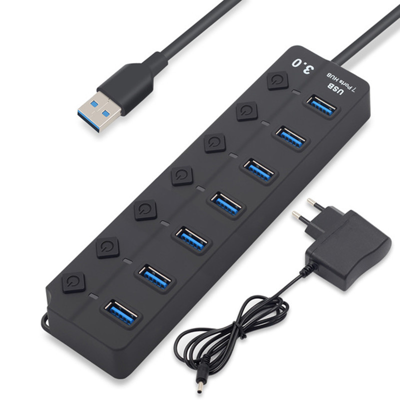 Высокоскоростной тонкий концентратор USB 3,0 с 7 портами и 4 портами, с выключателем ВКЛ./ВЫКЛ., адаптер питания переменного тока для ПК, ноутбука, компьютера