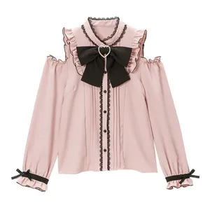 Blusa Ocasional das mulheres Moda Elegante Camisa Longa Sleve Primavera Outono Off-The-Ombro Top Estilo Japonês
