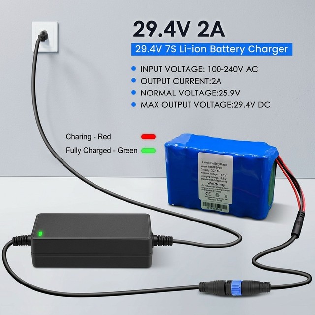 29.4V 2A Li-ion Battery Pack Charger Adapter for Electric Bike Scooter 7S 24V 25.2V 29.4V LifePO4 Lithium Battery Charger