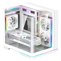 Caja de PC tipo torre con ventiladores ARGB, tira de LED con iluminación inferior, base con triple cristal curvo sin costuras, doble cámara, caja de juegos M-ATX