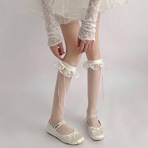 Lace Trimmed Women's Cotton Over The Knee Stockings With Bows Lolita Style Calf Length Pure Seductive Ribbons - Product Image 3