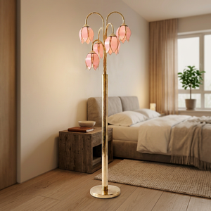 Lampadaire Tulipe Rose Haute pour Coin de Salon - Luminaire sur Pied avec Base Dorée E26 - Product Image 5