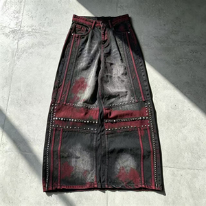 Jean large personnalisé OUNA pour homme, noir bordeaux délavé, clouté, chaîne, style punk <span class=keywords><strong>rock</strong></span>, baggy, streetwear, denim vintage Y2K - Product Image 1