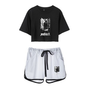 Conjunto de ropa urbana con logo de <span class=keywords><strong>Attack</strong></span> <span class=keywords><strong>on</strong></span> Titan, cuello mandarín, manga corta y ombligo expuesto para mujer - Product Image 2