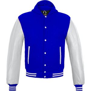 เสื้อแจ็คเก็ตวาร์ซิตี้สำหรับผู้หญิง แขนหนังแท้ ผสมขนสัตว์  แบบ Letterman สีน้ำเงิน - Product Image 1