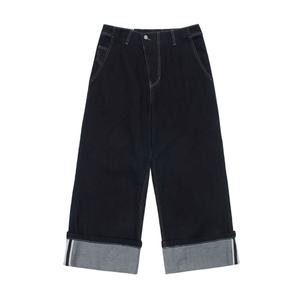 Jeans Baggy Homme en Denim Selvedge Noir Délavé à Ourlet Roulé Style Streetwear – Vente en Gros - Product Image 1