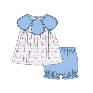Puresun High Quality Summer Kids Clothes 4th Of July Flag Floral Printed Baby Girl Clothing Set With Scalloped Collar