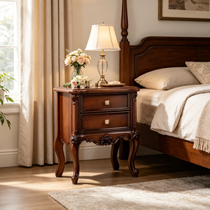 New Arrival Ornate Floral Carved Cabriole Leg Two <b>Drawer</b> Solid Wood Nightstand for American Bedroom - Product Image 4