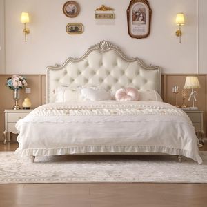 Lit convertible inclinable en cuir massif de style européen crème, sculpté, avec rangement, en bois massif, de luxe léger français, <span class=keywords><strong>pour</strong></span> chambre à coucher - Product Image 3