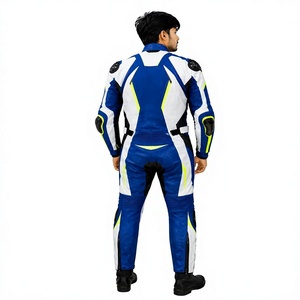 Traje de Motociclismo de Cuero con Bloques de Color Azul, Blanco, Negro y Amarillo Neón, Mono Protector de Manga Larga - Product Image 4