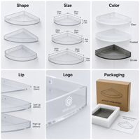 Étagère d'angle de salle de bain en acrylique sur mesure, support mural transparent pour douche avec rebord surélevé et espace pour logo