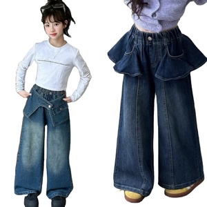 <span class=keywords><strong>Pantaloni</strong></span> in Denim da ragazza-nuovo stile autunno-inverno con polsini arruffati e piccoli <span class=keywords><strong>pantaloni</strong></span> larghi Casual eleganti a misura di bambino - Product Image 1